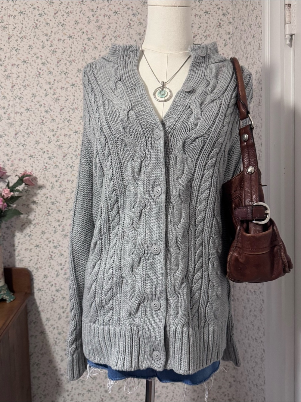 L.L. Bean Light Gray Cable-Knit Button-Front Cardigan